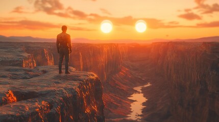 Fototapeta premium Man contemplates binary sunset, canyon landscape, alien planet, sci-fi concept art