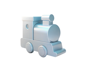 A futuristic 3D holographic icon of a train, designed with smooth curves and clean lines, representing modern transportation and technology.