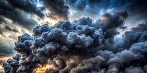 Dramatic photo of dark and ominous smoke clouds billowing against a bright sky ,  smoke, clouds