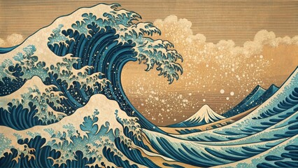 Vintage style woodcut of the iconic Great Wave artwork, Great Wave, vintage, woodcut, Japanese, art, style, retro, ocean