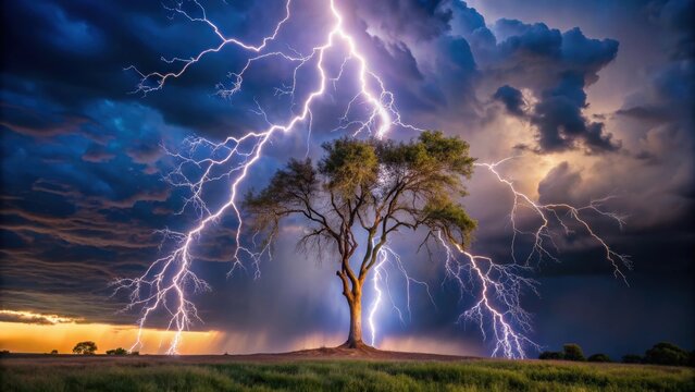 A close-up photo of lightning striking a tree during a thunderstorm, lightning, strike, thunderstorm
