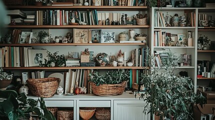 Aesthetic shelf styling with decorative objects, books, and greenery, copy space.