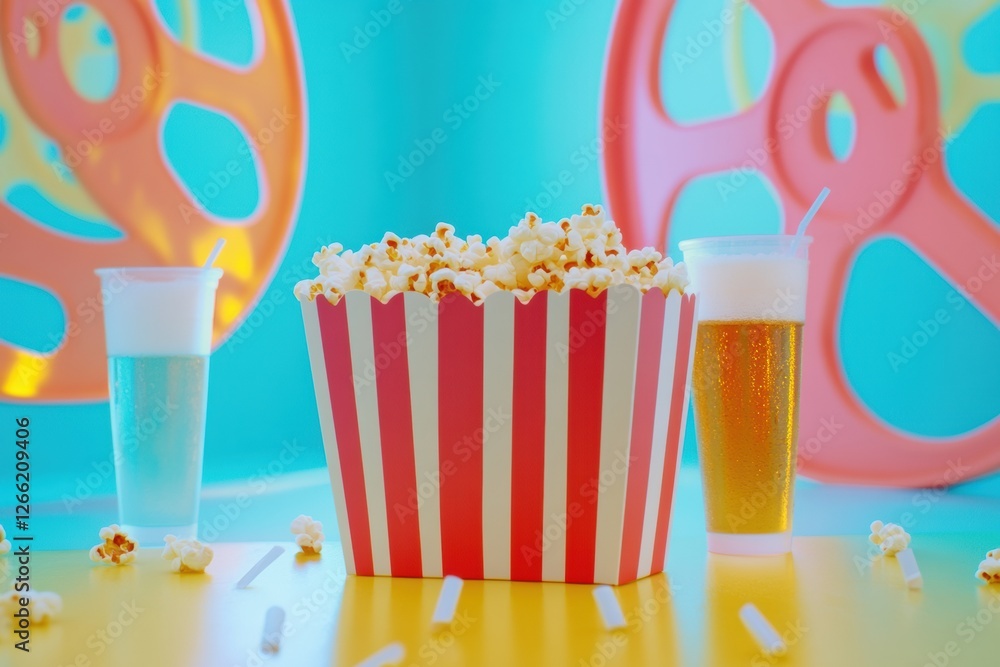 Aufkleber Popcorn and drinks on a colorful table with retro film reels in the background during a fun movie night. Generative AI