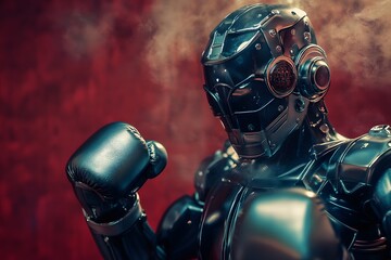 Naklejka premium Robot boxer demonstrating strength in a stylized setting with dramatic lighting and smoke