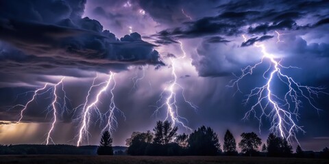 A massive thunderstorm with lightning strikes illuminating the dark sky above silhouetted trees ,  thunderstorm, lightning
