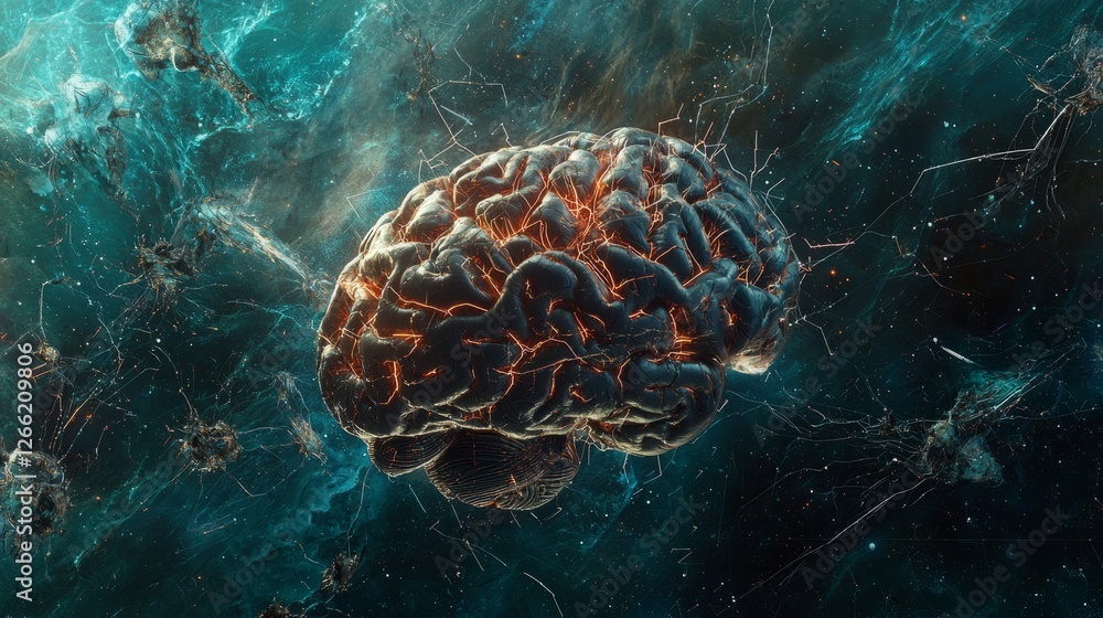 Poster ai neural network visualization, futuristic brain with radiant lines and deep-learning pathways, flo