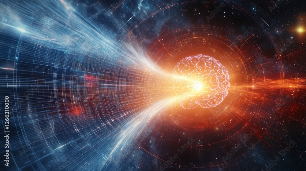 Poster ai neural network visualization, futuristic brain with radiant lines and deep-learning pathways, flo