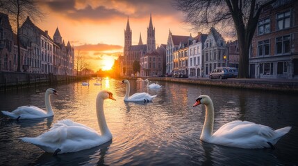 Fototapeta premium Swans on canal, Bruges, sunset, historical buildings