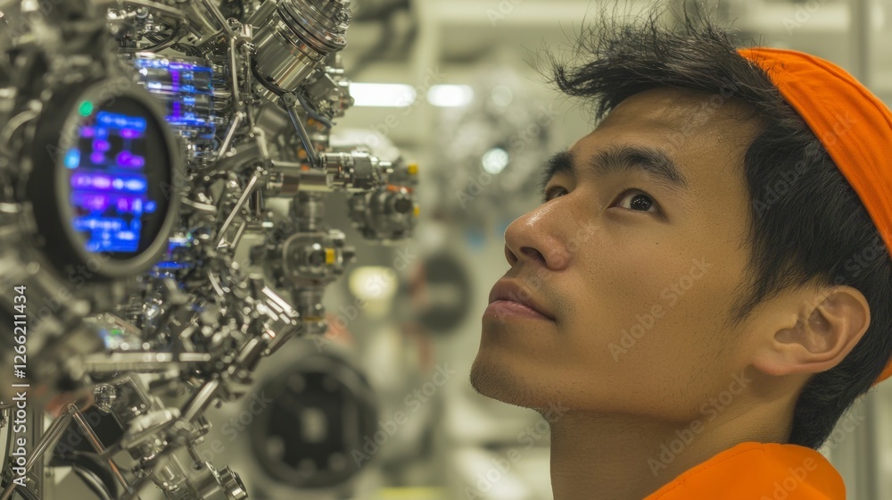 Poster Futuristic Factory  Engineer Inspecting Advanced Robotics