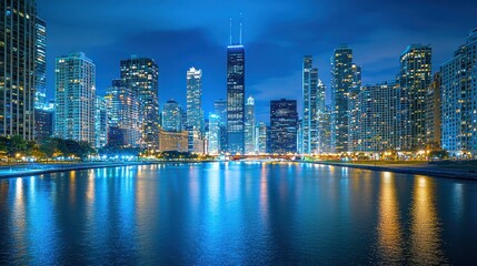 Obraz premium Night View of Chicago Skyline Reflected in Calm Waters