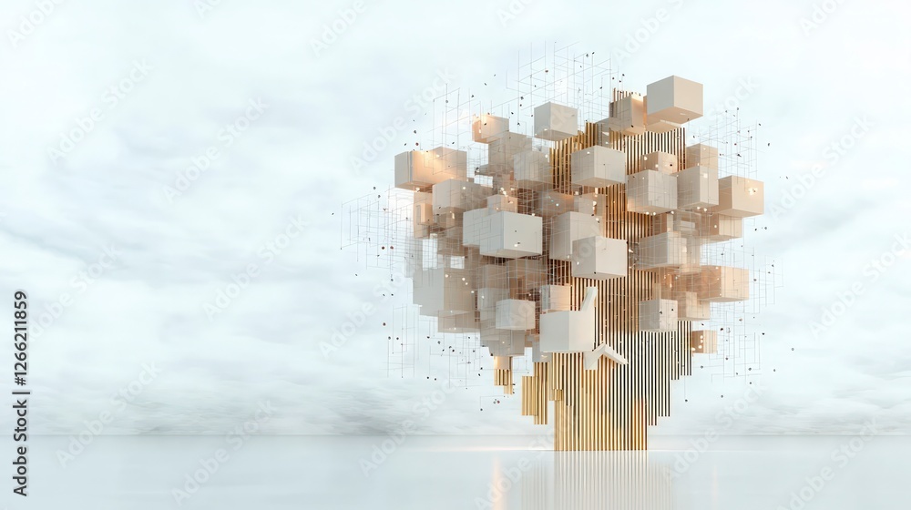 Poster abstract golden cube structure global network modern architecture 3d render