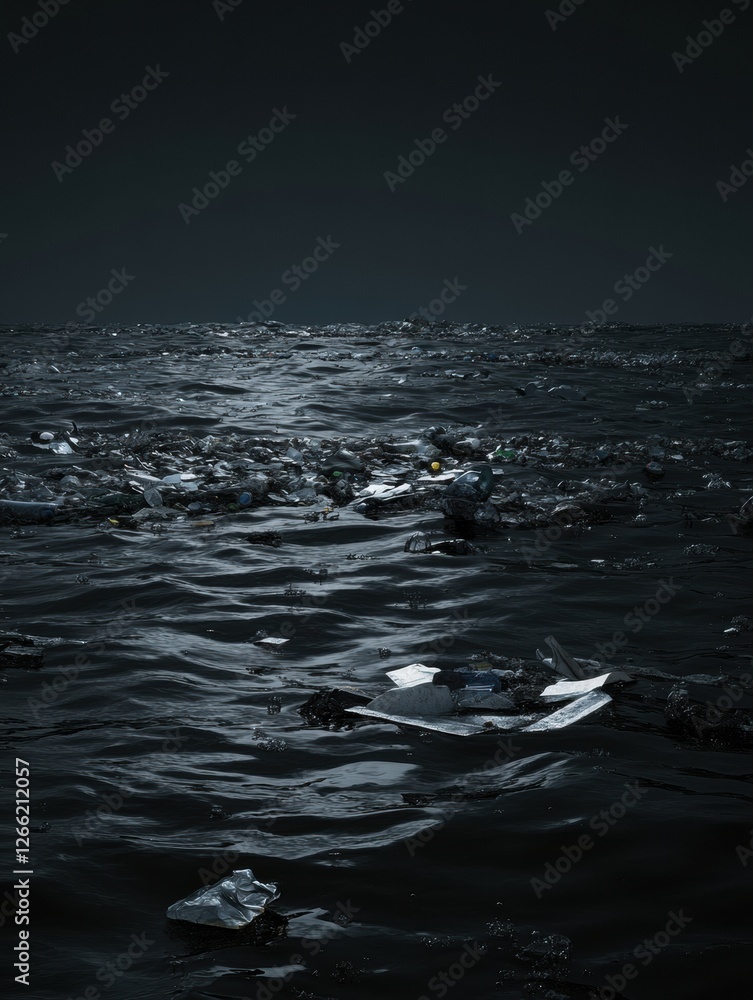Aufkleber floating plastic waste overwhelms ocean surface and highlights pollution crisis. generative ai