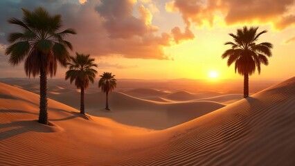 A Stunning Desert Oasis Enveloped by Majestic Sand Dunes and Picturesque Palm Trees at Sunset