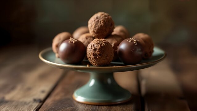Charming Display of Handcrafted Chocolate Truffles on a Vintage Pedestal Dish for a Quaint Bakery or Gourmet Chocolate Shop