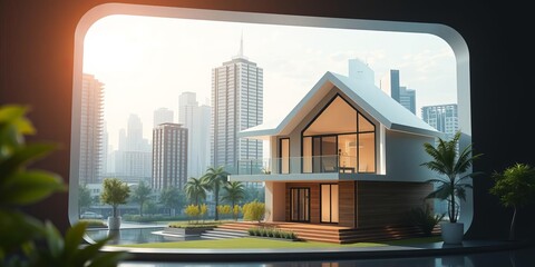 A digital simulation of a sleek modern home transitioning into a real-life property pursuit, real estate, futuristic, urban living