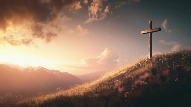 Christian cross on mountain hill at dramatic sunset. Religious symbol silhouette against orange sky and mountains. Easter and Good Friday concept