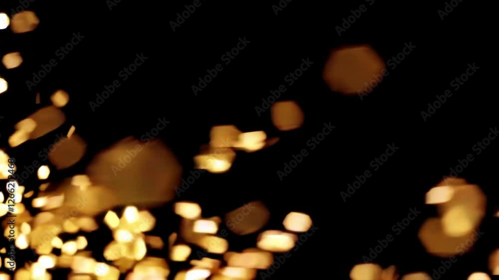 Poster bokeh light effect with golden abstract shapes on dark background, festive atmosphere concept