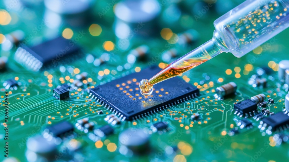 Poster microchip production precision pipette applying liquid to circuit board