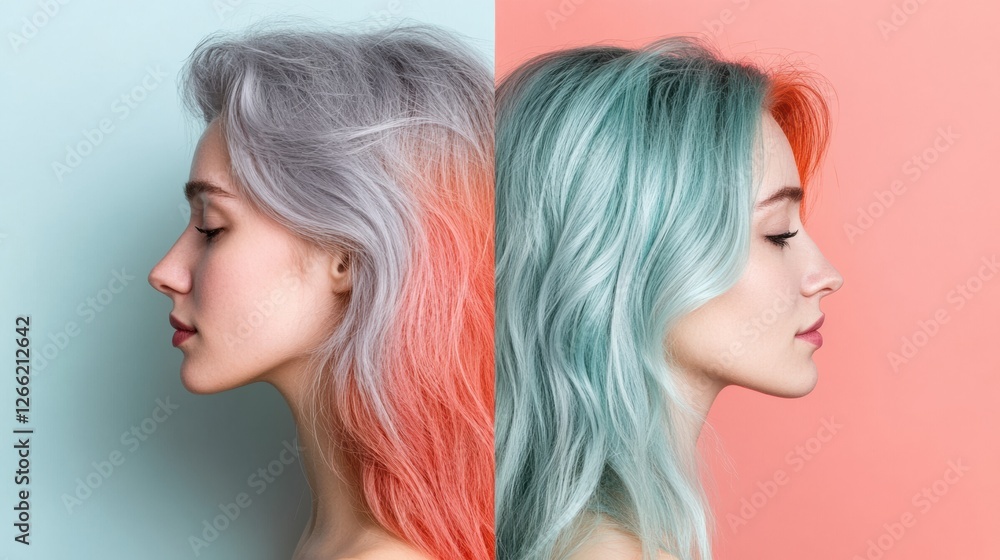 Aufkleber transformation from gray to vibrant color showing hair dyeing effects in a creative setting. generat