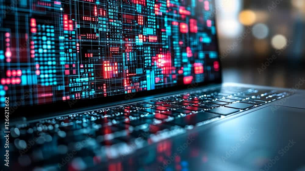 Poster computer displaying digital data visualization at night in a modern workspace with vibrant colors an