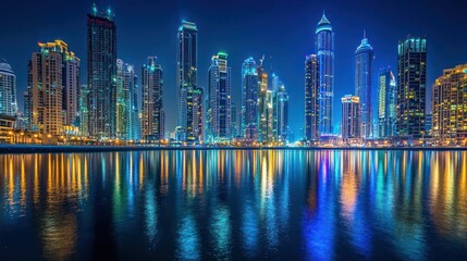 Fototapeta premium Dubai Marina Skyline at Night: A Stunning Reflection