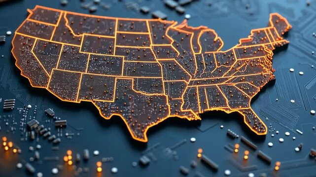 Digital representation of the United States map over circuit board with glowing outlines