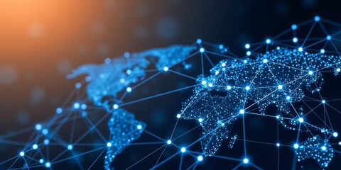 Futuristic global network visualization with glowing nodes and connections representing digital transformation and worldwide data exchange, network, futuristic, connections