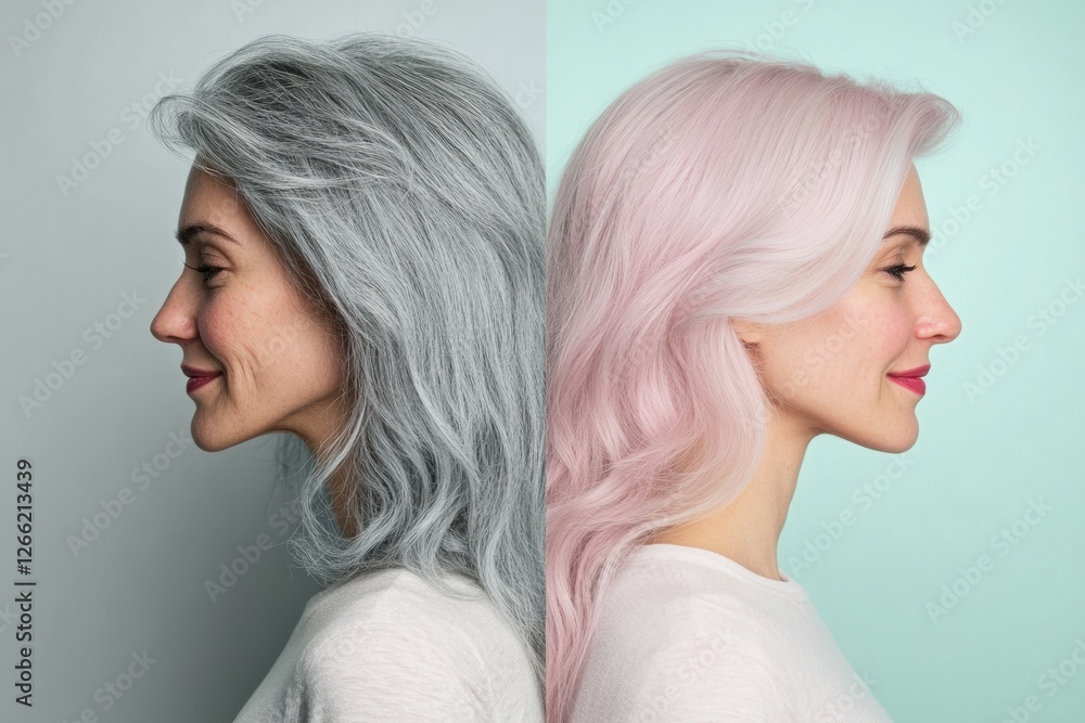 Poster transformation from gray to vibrant dyed hair showcasing confidence and style in a side by side comp