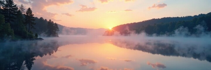 Gentle mist surrounds a tranquil lake at dawn, serene lake scene, blurred background, gentle mist