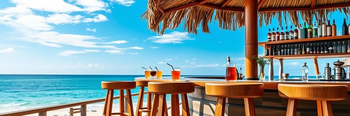A picturesque beachside bar with wooden stools, assorted alcoholic beverages, clear blue sky, tranquil ocean, relaxing atmosphere, stock photo, wooden stools, drinks
