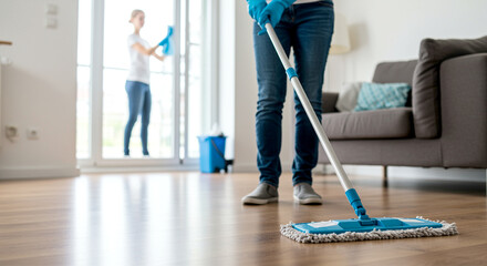 Mop cleaning hardwood floor in living room with woman cleaning windows. Woman using mop for cleaning hardwood floor. Cleaning service mopping floor