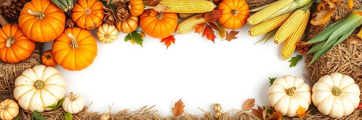 Fototapeta premium A rustic autumn harvest display featuring pumpkins, gourds, corn, and hay bales, harvest, celebration, decoration