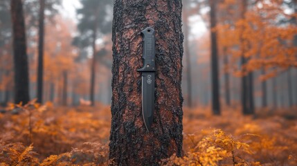Black fixed blade knife on tree trunk in autumn forest