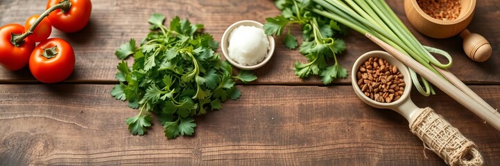 Assortment of fresh Asian ingredients for cooking Chinese cuisine on a rustic wooden background, Chinese, Asian, background