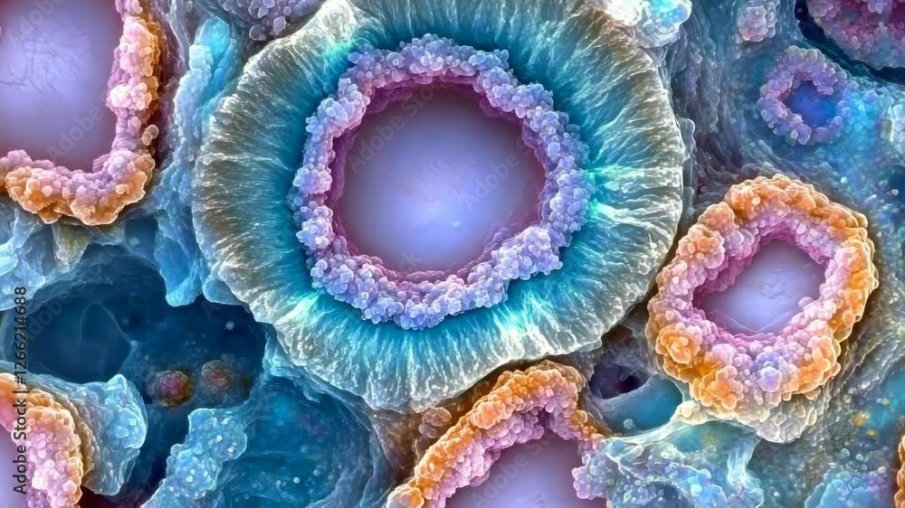 Poster stunning close-up of colorful microscopic cells showcasing intricate patterns and textures in a natu