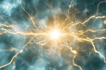 Bright light emitting golden streams against a misty blue background