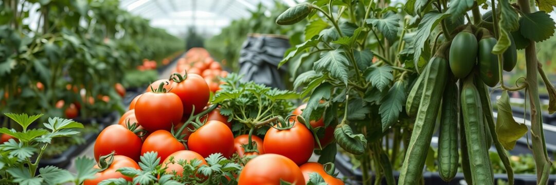 A vibrant greenhouse bursting with a variety of fresh horticultural produce such as tomatoes, cucumbers, and herbs, grown sustainably by a dedicated food producer, sustainable, produce, horticulture