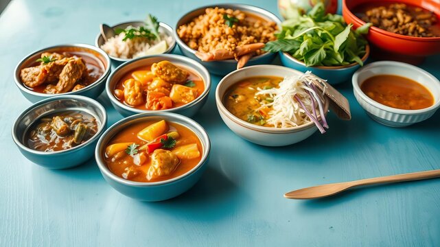 A vibrant northern Thai khantoke dinner spread with colorful curries and side dishes, cuisine, colors, spicy