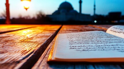 Open Book  Arabic Calligraphy  Mosque Background  Wooden Table  Dusk