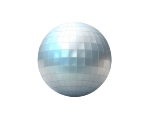 A sleek and futuristic 3D icon of a disco ball, shimmering with holographic colors, isolated on white background. Ideal for nightlife, music events, parties, and retro themes.