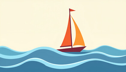 Naklejka premium Minimalistic sailboat on stylized waves, clean and modern travel theme.