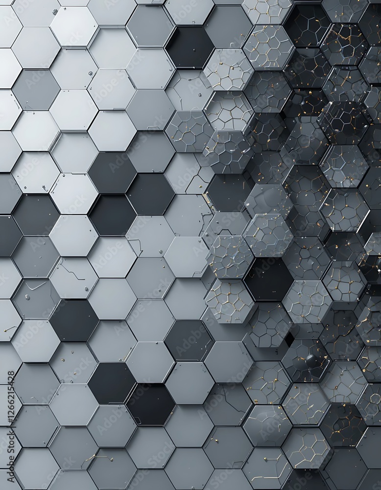 Poster monochrome hexagon array with transitioning surface textures and subtle details