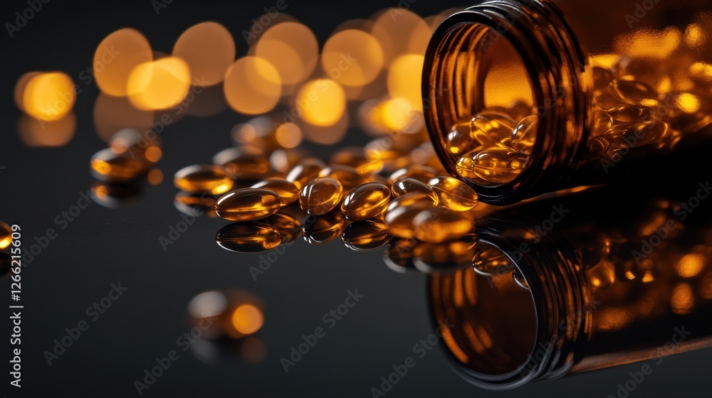 Poster golden softgel capsules spill from a brown bottle against a black reflective surface during a dimly 