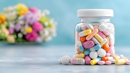 Colorful pills in jar, floral background, healthcare