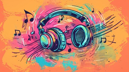 A hand-drawn doodle of a pair of headphones with music notes and sound waves floating around it 