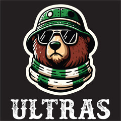 illustration vector graphic of Football fans ultras hooligan  with Bear wear football scarf design for logo, t-shirt, etc