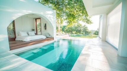 Fototapeta premium Luxury Modern Home Poolside Bedroom Design Tranquil Oasis with Automatic Shades