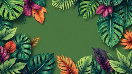 Tropical leaves pattern in minimal green with contour line art style design, decoration, wallpaper, fabric