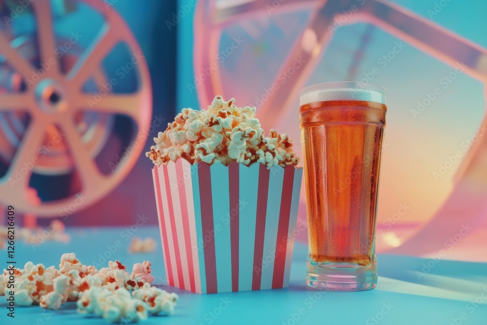 Aufkleber Enjoying snacks and drinks while watching a movie at a bright colorful cinema setting with popcorn and a cold beverage. Generative AI
