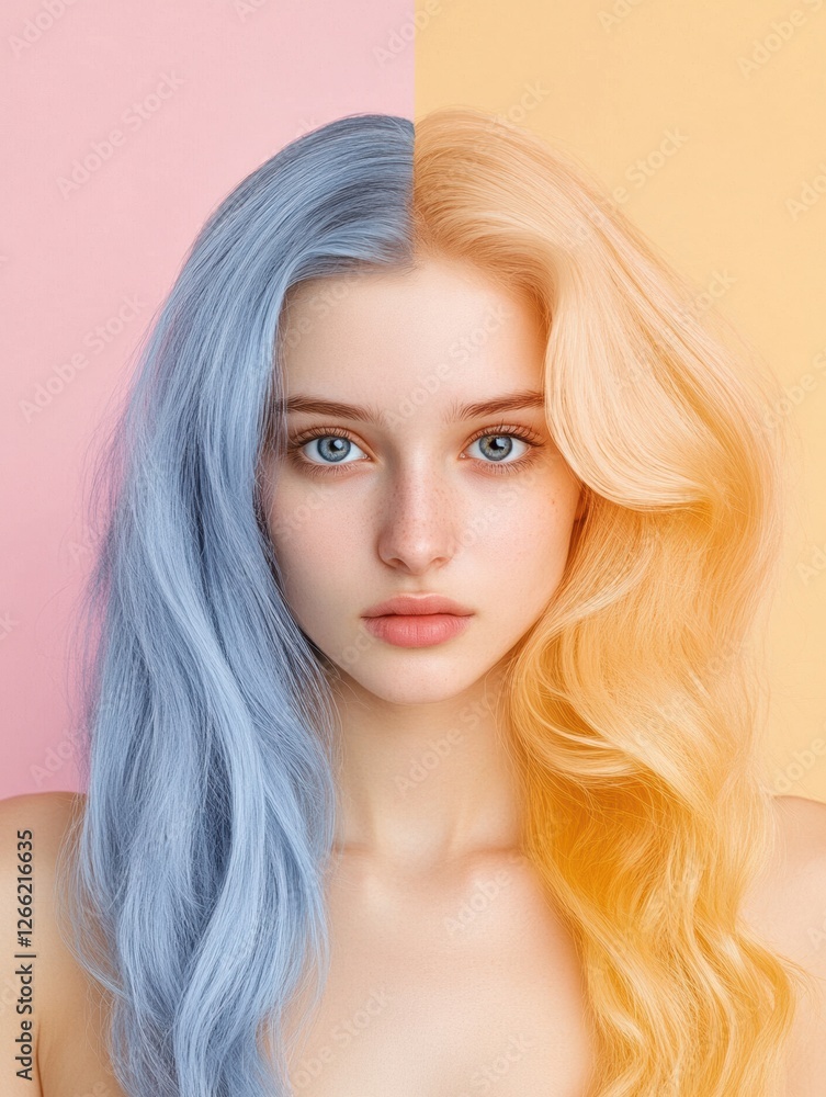 Poster transition from gray to vibrant dyed hair illustrating personal expression and style transformation 